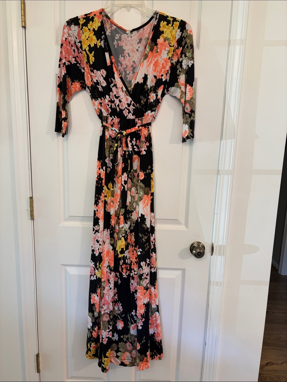 Maternity Floral Wrap Maxi Dress in Black with Coral and Yellow Accents